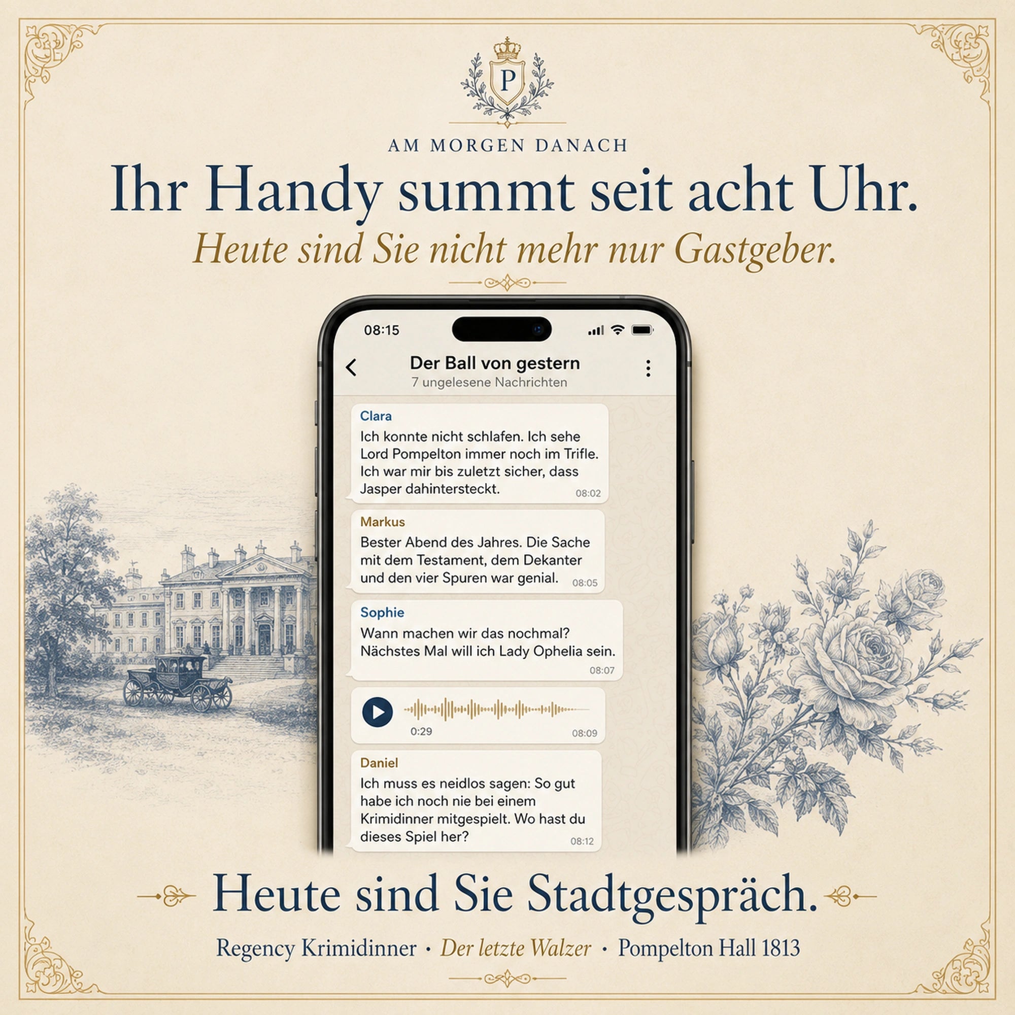 Regency Krimidinner - Der letzte Walzer · Mord auf Pompelton Hall 1813 – Als Gastgeber selbst mitspielen
