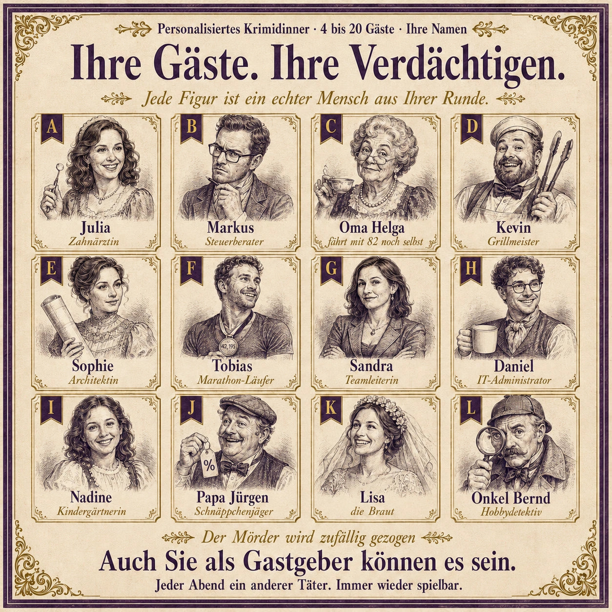 Personalisiertes Krimidinner für Zuhause – Mit euren Namen & Berufen