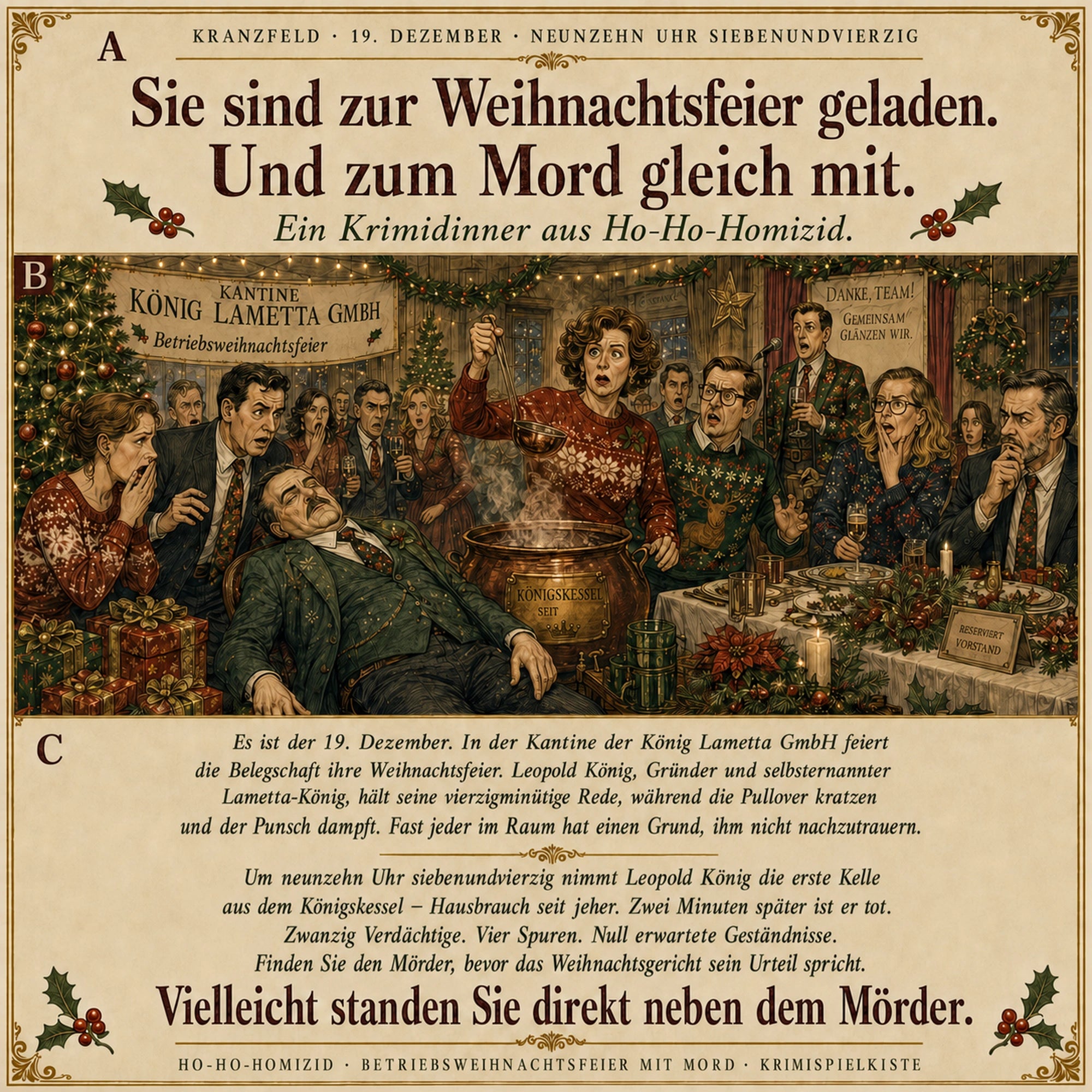 Weihnachts Krimidinner Ho-Ho-Homizid · Mord auf der Weihnachtsfeier – Als Gastgeber selbst mitspielen